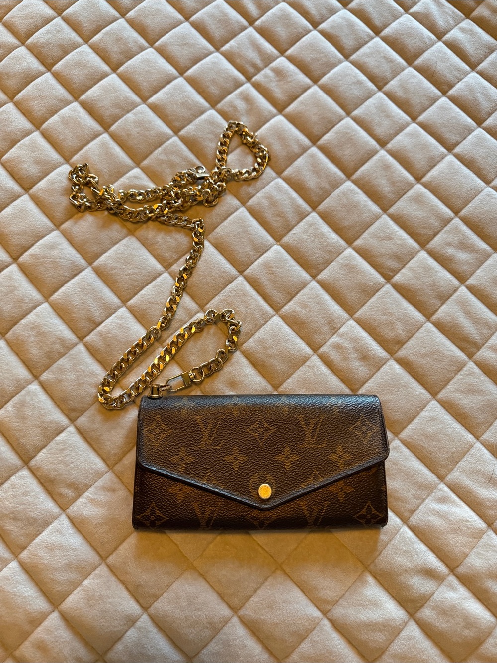 Louis Vuitton Brown Monogram Chain Crossbody Wallet with Gold Hardware
